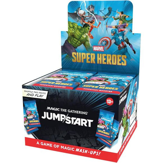 Release Date June 26, 2026
The game of chaotic combinations gets mashed up with the Marvel Universe! Just grab two packs, shuffle them together, and you’re ready to battle. You’ll find Marvel-themed packs constructed with power, fun, and versatility in mind. Plus, each pack has all the lands you need, so there’s truly nothing standing in the way of a shuffle-two showdown! This box contains 24 Magic: The Gathering | Marvel Super Heroes Jumpstart Boosters, each containing 20 Magic cards. If you’re looking to