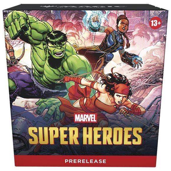 Release Date: June 26, 2026
The Marvel Universe has arrived in full force! An all-star roster of heavy hitters jumps from the comics to the battlefield, and the fate of the world hangs in the balance. Build your dream super team of Heroes and Villains, then suit them up with iconic gear and unleash their earthshaking abilities. Soar, strike, and smash your way to victory in Magic: The Gathering | Marvel Super Heroes!
Contents:
6 Magic: The Gathering® | Marvel Super Heroes Play Boosters
Each Play Booster con