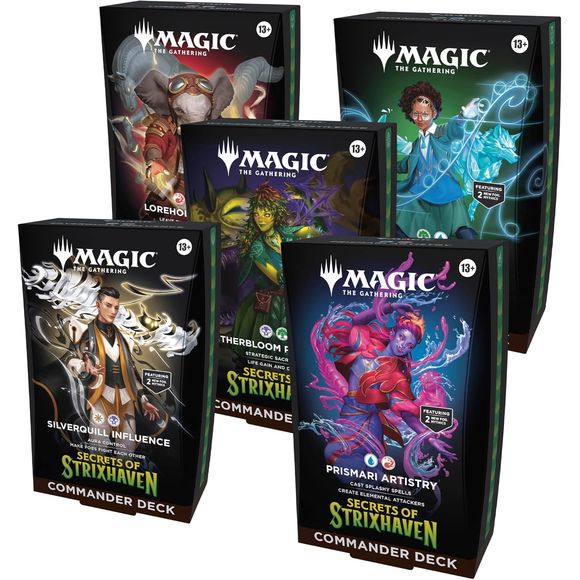Release Date 4/24/26
This bundle includes all 5 Magic: The Gathering Secrets of Strixhaven decks: Silverquill Influence, Prismari Artistry, Witherbloom Pestilence, Lorehold Spirit, Quandrix Unlimited. Each includes 1 deck of 100 Magic cards (2 Traditional Foil Borderless cards, 98 regular cards), 10 double-sided token cards, 1 deck box (can hold 100 sleeved cards), 1 strategy guide, and 1 reference card.