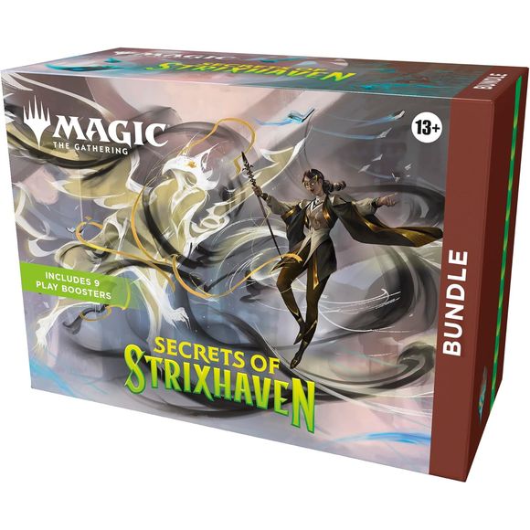 Release Date: April 24, 2026
The hallowed halls of Strixhaven welcome you back to school! Choose your college of magical study and expand your education in the greater world of Arcavios. Uncover ancient battlefields, monstrous mires, and mind-bending architecture as you stand against the mysterious threats plaguing the plane. This Bundle contains 9 Secrets of Strixhaven Play Boosters, plus 1 Traditional Foil card with Bundle-exclusive alternate-art, 15 Traditional Foil (5 Full-Art) and 15 nonfoil Land cards