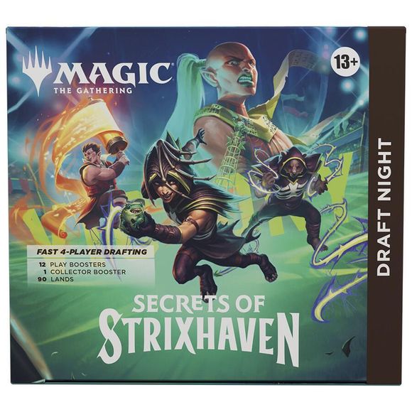 Release Date: April 24, 2026
It's a draft party in a box! Draft Night has everything you need to host a Pick-Two Draft with just four players. Pick-Two encourages fast, dynamic drafting that's great for kitchen-table play or adding a dash of variety to game night. Bring Secrets of Strixhaven to the table for an unforgettable game night!
Return to Strixhaven, Magic's beloved mage school, and uncover years of mysteries as you explore its hallowed halls and beyond. The five colleges are back, each with their o