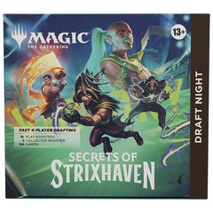 Release Date: April 24, 2026
It's a draft party in a box! Draft Night has everything you need to host a Pick-Two Draft with just four players. Pick-Two encourages fast, dynamic drafting that's great for kitchen-table play or adding a dash of variety to game night. Bring Secrets of Strixhaven to the table for an unforgettable game night!
Return to Strixhaven, Magic's beloved mage school, and uncover years of mysteries as you explore its hallowed halls and beyond. The five colleges are back, each with their o
