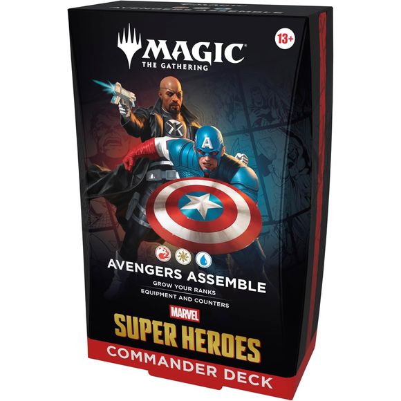 Release Date: 6/26/2026
Bring the might of the Marvel Universe to the battlefield as you combat your friends in Commander, Magic’s most popular multiplayer format. Includes 1 ready-to-play deck of 100 Magic cards (4 Traditional Foil Borderless cards, 96 regular cards), 10 double-sided token cards, 1 deck box (can hold 100 sleeved cards), 1 strategy insert, and 1 reference card.