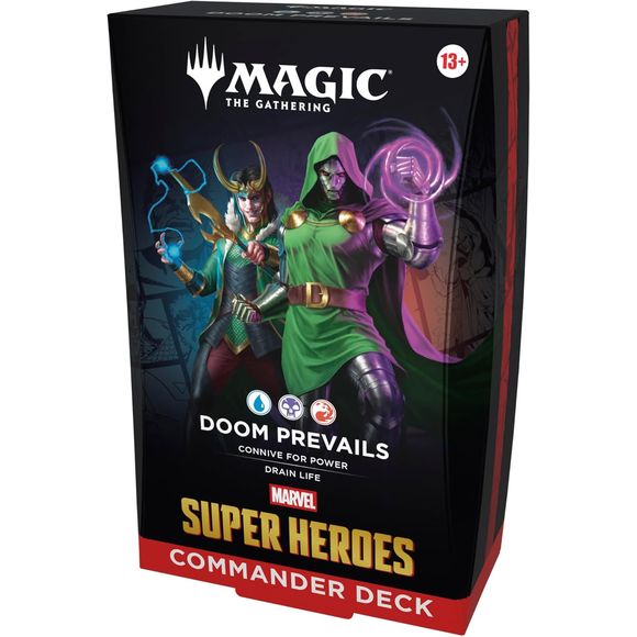 Release Date: 6/26/2026
Bring the might of the Marvel Universe to the battlefield as you combat your friends in Commander, Magic’s most popular multiplayer format. Includes 1 ready-to-play deck of 100 Magic cards (4 Traditional Foil Borderless cards, 96 regular cards), 10 double-sided token cards, 1 deck box (can hold 100 sleeved cards), 1 strategy insert, and 1 reference card.