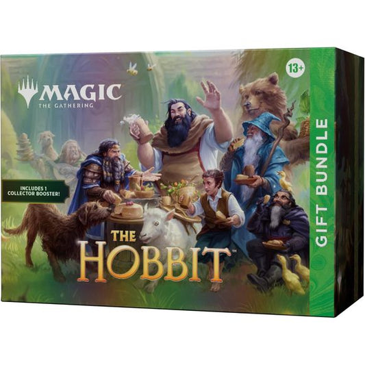 Release Date: 9/4/2026
Contents:
- 9 Magic: The Gathering The Hobbit Play Boosters
-1 Magic: The Gathering The Hobbit Collector Booster
-Alternate-art traditional foil promo card
-4 surge foil full-art seasonal Hobbit lands
-15 traditional foil basic lands (with 5 featuring full art)
-15 non-foil basic lands (with 5 featuring full art)
-Oversized Gift Bundle Spindown life counter
-Foil Gift Bundle card box
-2 reference cards