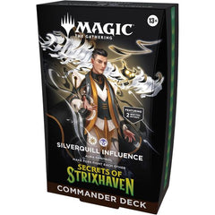 Release Date: 4/24/2026
Battle your friends with powerful creatures and spectacular spells in Commander, Magic’s most popular multiplayer format. This Secrets of Strixhaven Silverquill Influence Commander Deck includes 1 deck of 100 Magic cards (98 nonfoil cards and 2 Traditional Foil Borderless Legendary cards), 1 deck box (can hold 100 sleeved cards), 10 double-sided token cards, 1 strategy guide, and 1 reference card.
Weaponize your words with Silverquill standout Killian, who encourages the rest of the
