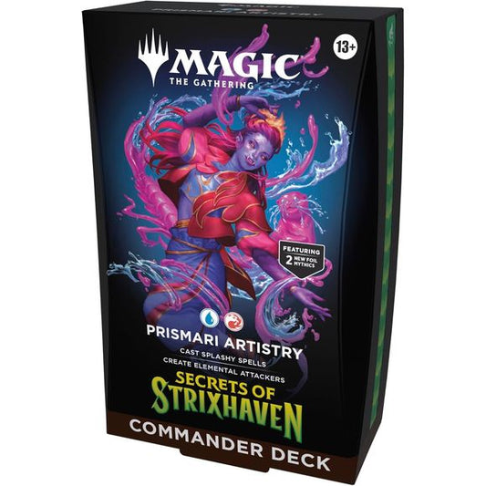 Release Date: 4/24/2026
Battle your friends with powerful creatures and spectacular spells in Commander, Magic’s most popular multiplayer format. This Secrets of Strixhaven Prismari Artistry Commander Deck includes 1 deck of 100 Magic cards (98 nonfoil cards and 2 Traditional Foil Borderless Legendary cards), 1 deck box (can hold 100 sleeved cards), 10 double-sided token cards, 1 strategy guide, and 1 reference card.
Let your creativity run wild with Rootha as your artist-in-residence and cast expensive, bo