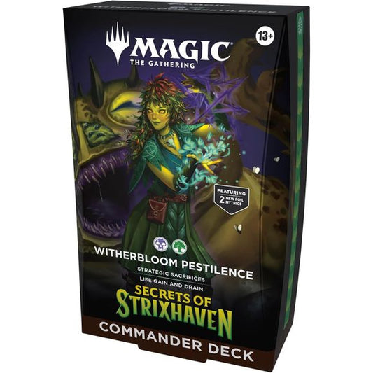 Release Date: 4/24/2026
Battle your friends with powerful creatures and spectacular spells in Commander, Magic’s most popular multiplayer format. This Secrets of Strixhaven Witherbloom Pestilence Commander Deck includes 1 deck of 100 Magic cards (98 nonfoil cards and 2 Traditional Foil Borderless Legendary cards), 1 deck box (can hold 100 sleeved cards), 10 double-sided token cards, 1 strategy guide, and 1 reference card.
There's trouble brewing when Dina leads your Witherbloom forces, so prepare the Pests