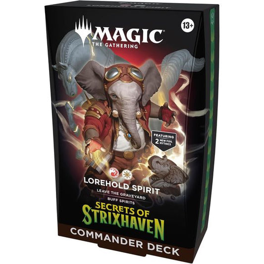 Release Date: 4/24/2026
Battle your friends with powerful creatures and spectacular spells in Commander, Magic’s most popular multiplayer format. This Secrets of Strixhaven Lorehold Spirit Commander Deck includes 1 deck of 100 Magic cards (98 nonfoil cards and 2 Traditional Foil Borderless Legendary cards), 1 deck box (can hold 100 sleeved cards), 10 double-sided token cards, 1 strategy guide, and 1 reference card.
Set out on a Lorehold expedition with Quintorius and planeswalk a lethal path across the tabl