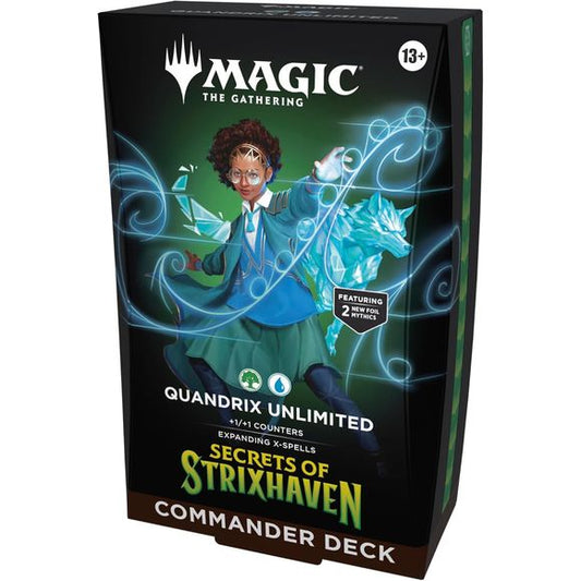 Release Date: 4/24/2026
Battle your friends with powerful creatures and spectacular spells in Commander, Magic’s most popular multiplayer format. This Secrets of Strixhaven Quandrix Unlimited Commander Deck includes 1 deck of 100 Magic cards (98 nonfoil cards and 2 Traditional Foil Borderless Legendary cards), 1 deck box (can hold 100 sleeved cards), 10 double-sided token cards, 1 strategy guide, and 1 reference card.
In Quandrix, when solving for X, the solution is clear - bigger is better! Calculate victo