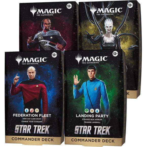 Release Date: 11/15/2026
Red alert! Outwit and outmaneuver your friends in Star Trek's final frontier! Four ready-to-play decks built for Commander, Magic's most popular multiplayer format, each themed after iconic crews, fleets, and armies from Star Trek history. The decks are Federation Fleet, Landing Party, Klingon Fury, and We Are The Borg.
Contents:
• 4 Magic: The Gathering® | Star Trek™ Commander Decks; 1 of each type
Commander Deck Contents
• 1 ready-to-play deck of 100 Magic cards
• 33 new-to-Magic