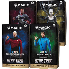 Release Date: 11/15/2026
Red alert! Outwit and outmaneuver your friends in Star Trek's final frontier! Four ready-to-play decks built for Commander, Magic's most popular multiplayer format, each themed after iconic crews, fleets, and armies from Star Trek history. The decks are Federation Fleet, Landing Party, Klingon Fury, and We Are The Borg.
Contents:
• 4 Magic: The Gathering® | Star Trek™ Commander Decks; 1 of each type
Commander Deck Contents
• 1 ready-to-play deck of 100 Magic cards
• 33 new-to-Magic