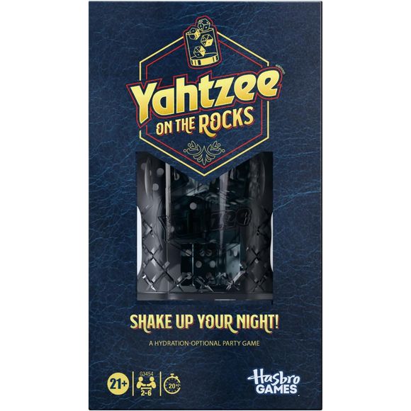 Shake up your night with the Yahtzee On the Rocks game! It's the Yahtzee game with a grown-up twist. In this hydration-optional party game for ages 21+, players take turns drawing coaster cards with solo, head-to-head, and group challenges. On your turn, complete the dice challenge on the card. If you win, keep that card. After 5 quick rounds, the player with the most cards wins! Optional rule: If you lose a challenge, you may take a sip from a beverage of your choice, but you don’t have to! Perfect for gam