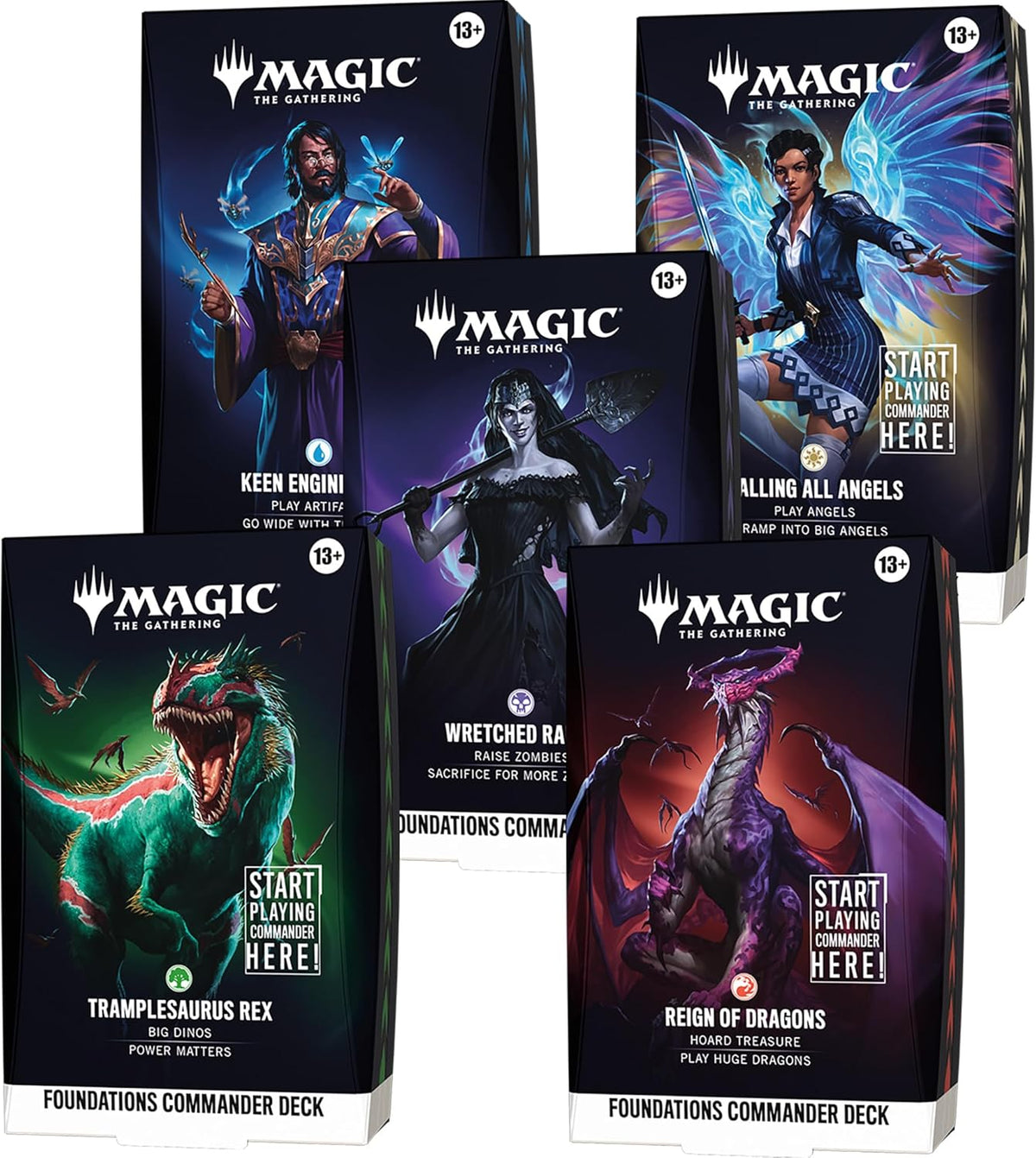 Release DateOct 2, 2026
This bundle includes all 5 Magic: The Gathering Foundations decks: Calling All Angels, Keen Engineering, Wretched Ranks, Reign of Dragons, and Tramplesaurus Rex. Each includes 1 deck of 100 Magic cards (99 regular cards and 1 Traditional Foil Mythic Rare card), 10 double-sided token cards, 1 deck box (can hold 100 sleeved cards), 1 strategy guide, and 1 reference card.