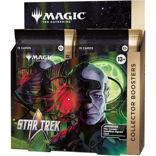 Release Date: 11/14/2026
The ultimate experience for Star Trek fans. Each booster is like its own world to explore and the ultimate way to add unique and exclusive cards to your collection: tons of foils, special card treatments, rares and/or mythic rares, and more await you inside every pack. Each booster may contain Collector Booster-exclusive card treatments, like extended-art cards or even an ultra-rare headliner card!
Contents:
• 12 Magic: The Gathering® | Star Trek™ Collector Boosters