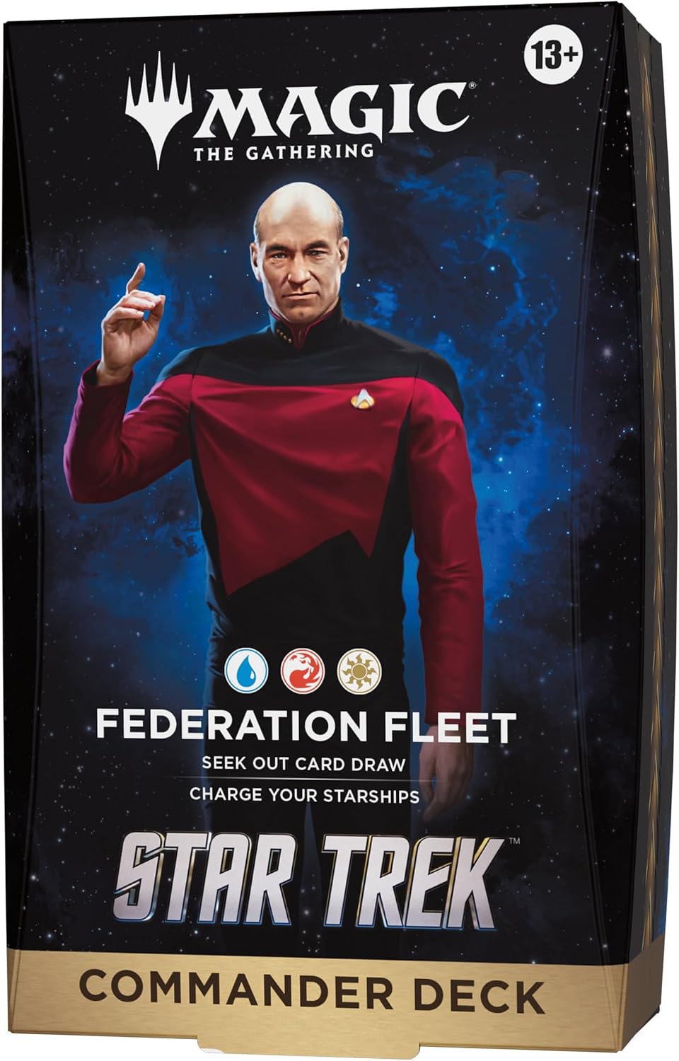 Release Date: 11/13/2026
Outwit and outmaneuver your friends in Star Trek’s final frontier with Commander, Magic’s most popular multiplayer format. Seek out new life and new civilizations to increase your knowledge of the universe with 1 ready-to-play Federation Fleet Commander deck. Deck includes 100 Magic cards (1 Traditional Foil Borderless card, 99 regular cards) and comes with 10 double-sided token cards, 1 deck box (can hold 100 sleeved cards), 1 strategy insert, and 1 reference card.