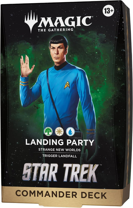 Release Date: 11/13/2026.
Outwit and outmaneuver your friends in Star Trek’s final frontier with Commander, Magic’s most popular multiplayer format. Beam your away team down to the surface and explore with 1 ready-to-play Landing Party Commander deck. Deck includes 100 Magic cards (1 Traditional Foil Borderless card, 99 regular cards) and comes with 10 double-sided token cards, 1 deck box (can hold 100 sleeved cards), 1 strategy insert, and 1 reference card.