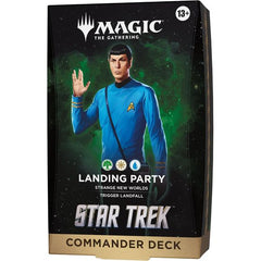 Release Date: 11/13/2026.
Outwit and outmaneuver your friends in Star Trek’s final frontier with Commander, Magic’s most popular multiplayer format. Beam your away team down to the surface and explore with 1 ready-to-play Landing Party Commander deck. Deck includes 100 Magic cards (1 Traditional Foil Borderless card, 99 regular cards) and comes with 10 double-sided token cards, 1 deck box (can hold 100 sleeved cards), 1 strategy insert, and 1 reference card.