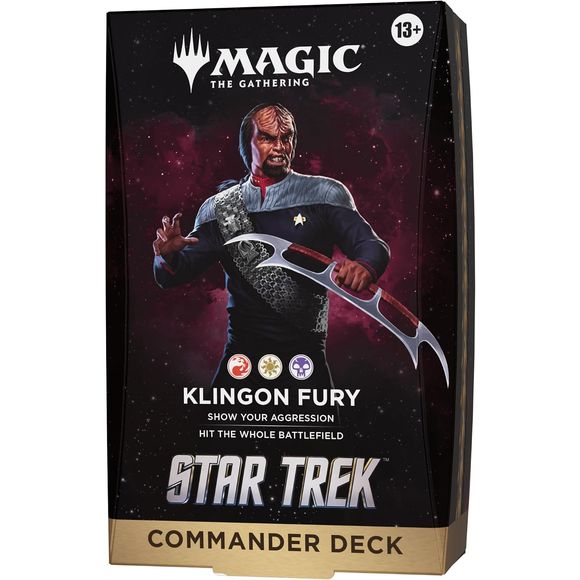 Release Date: 11/13/2026.
Outwit and outmaneuver your friends in Star Trek’s final frontier with Commander, Magic’s most popular multiplayer format. A Klingon warrior knows that true honor and glory can be found only in combat! Attack early and often with 1 ready-to-play Klingon Fury Commander deck. Deck includes 100 Magic cards (1 Traditional Foil Borderless card, 99 regular cards) and comes with 10 double-sided token cards, 1 deck box (can hold 100 sleeved cards), 1 strategy insert, and 1 reference card.