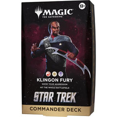 Release Date: 11/13/2026.
Outwit and outmaneuver your friends in Star Trek’s final frontier with Commander, Magic’s most popular multiplayer format. A Klingon warrior knows that true honor and glory can be found only in combat! Attack early and often with 1 ready-to-play Klingon Fury Commander deck. Deck includes 100 Magic cards (1 Traditional Foil Borderless card, 99 regular cards) and comes with 10 double-sided token cards, 1 deck box (can hold 100 sleeved cards), 1 strategy insert, and 1 reference card.