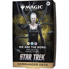 Release Date: 11/13/2026
Outwit and outmaneuver your friends in Star Trek’s final frontier with Commander, Magic’s most popular multiplayer format. Ensure total domination of the battlefield with the numerical superiority of the Borg with 1 ready-to-play We Are the Borg Commander deck. Deck includes 100 Magic cards (1 Traditional Foil Borderless card, 99 regular cards) and comes with 10 double-sided token cards, 1 deck box (can hold 100 sleeved cards), 1 strategy insert, and 1 reference card.