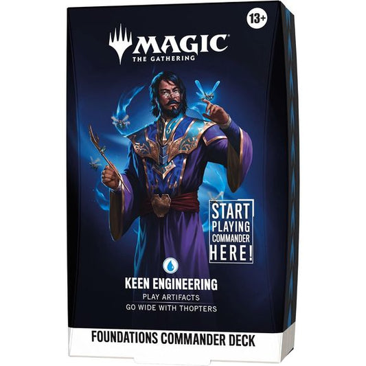 Release Date: Oct 2, 2026
Battle your friends with powerful creatures and spectacular spells in Commander, Magic's most popular multiplayer format. Foundations Commander Decks come in five new versions and offer the easiest path into the format with everything a player needs to play their first (or fiftieth) game of Commander right out of the box.
Keen Engineering
Work with Sai to engineer useful artifacts and generate flying Thopters as a bonus. Make unexpected plays and draw additional cards to let the co