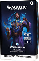 Release Date: Oct 2, 2026
Battle your friends with powerful creatures and spectacular spells in Commander, Magic's most popular multiplayer format. Foundations Commander Decks come in five new versions and offer the easiest path into the format with everything a player needs to play their first (or fiftieth) game of Commander right out of the box.
Keen Engineering
Work with Sai to engineer useful artifacts and generate flying Thopters as a bonus. Make unexpected plays and draw additional cards to let the co