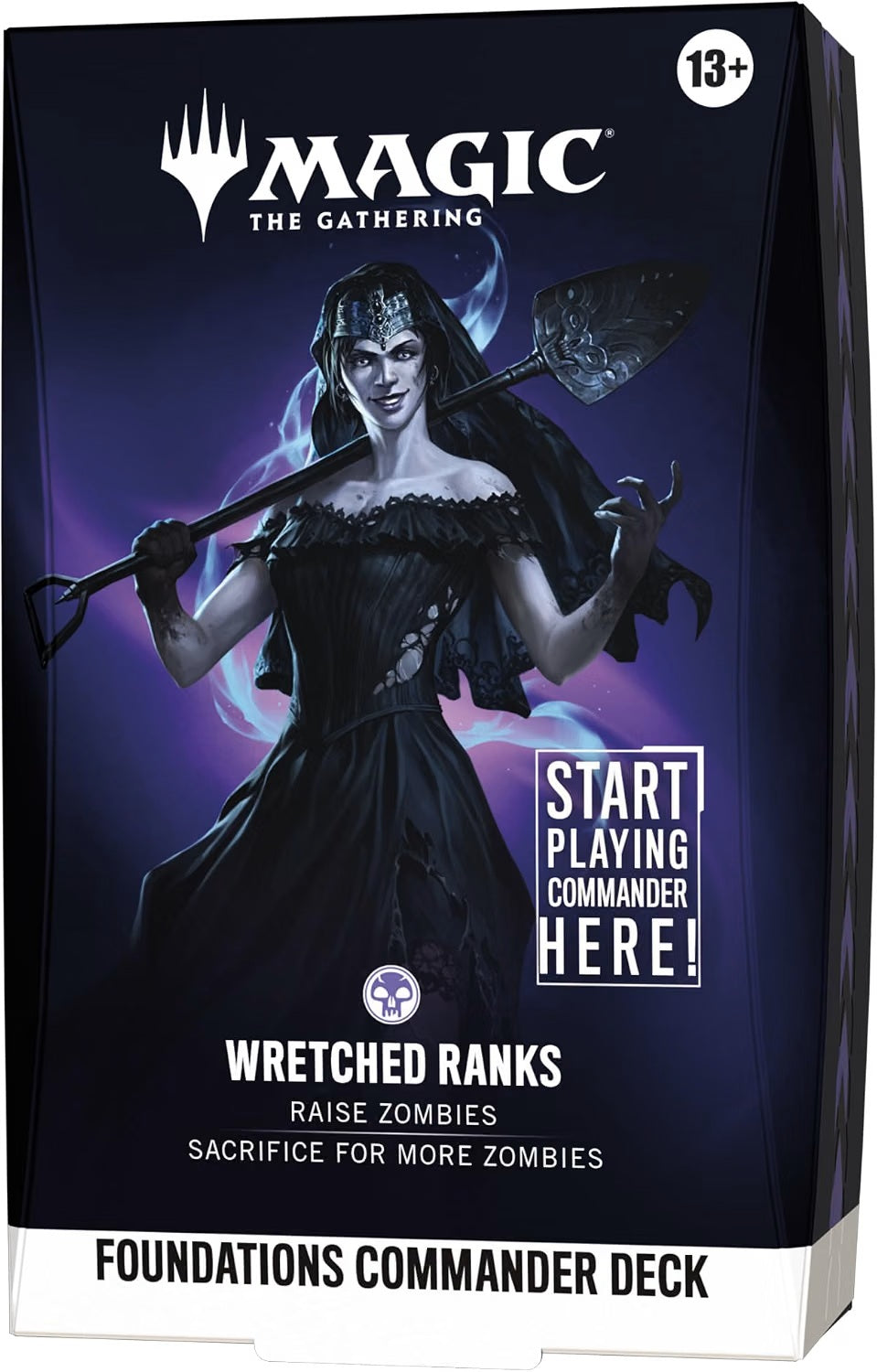 Release Date: Oct 2, 2026
Battle your friends with powerful creatures and spectacular spells in Commander, Magic's most popular multiplayer format. Foundations Commander Decks come in five new versions and offer the easiest path into the format with everything a player needs to play their first (or fiftieth) game of Commander right out of the box.
Wretched Ranks
Overrun the table's defenses with Ghoulcaller Gisa, who can rapidly build a Zombie army. Once your shambling horde reaches critical mass, boost the