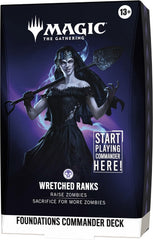 Release Date: Oct 2, 2026
Battle your friends with powerful creatures and spectacular spells in Commander, Magic's most popular multiplayer format. Foundations Commander Decks come in five new versions and offer the easiest path into the format with everything a player needs to play their first (or fiftieth) game of Commander right out of the box.
Wretched Ranks
Overrun the table's defenses with Ghoulcaller Gisa, who can rapidly build a Zombie army. Once your shambling horde reaches critical mass, boost the