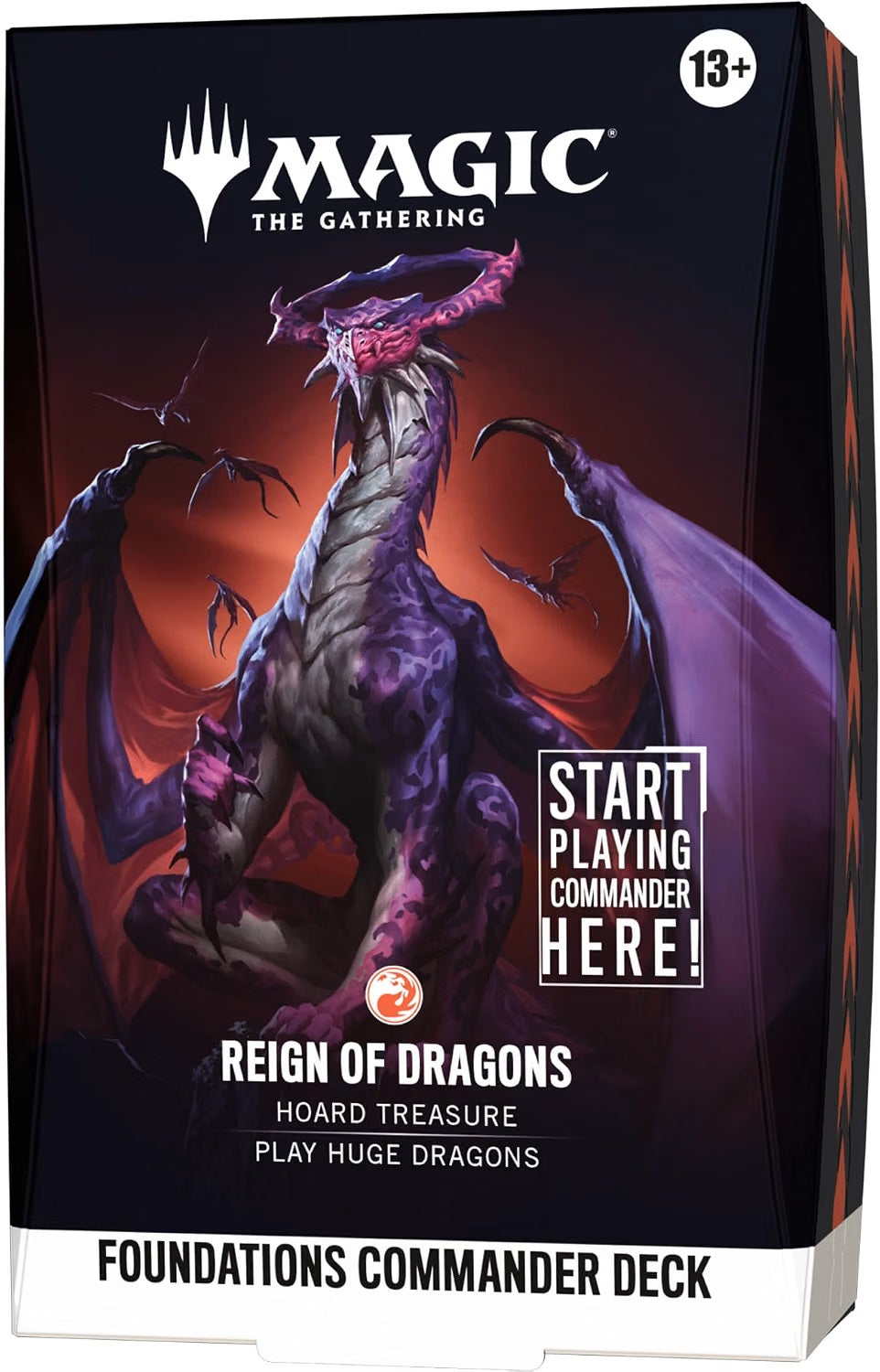 Release Date: Oct 2, 2026
Battle your friends with powerful creatures and spectacular spells in Commander, Magic's most popular multiplayer format. Foundations Commander Decks come in five new versions and offer the easiest path into the format with everything a player needs to play their first (or fiftieth) game of Commander right out of the box.
Reign of Dragons
Your reign over the table begins with Lathliss, who creates a Dragon when a non-token Dragon enters. Use Treasure tokens and cost-reduction effec