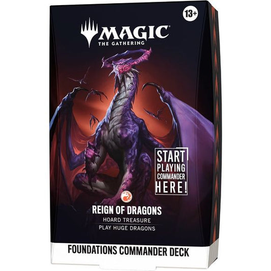 Release Date: Oct 2, 2026
Battle your friends with powerful creatures and spectacular spells in Commander, Magic's most popular multiplayer format. Foundations Commander Decks come in five new versions and offer the easiest path into the format with everything a player needs to play their first (or fiftieth) game of Commander right out of the box.
Reign of Dragons
Your reign over the table begins with Lathliss, who creates a Dragon when a non-token Dragon enters. Use Treasure tokens and cost-reduction effec