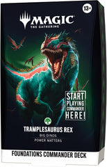 Release Date: Oct 2, 2026
Battle your friends with powerful creatures and spectacular spells in Commander, Magic's most popular multiplayer format. Foundations Commander Decks come in five new versions and offer the easiest path into the format with everything a player needs to play their first (or fiftieth) game of Commander right out of the box.
Tramplesaurus Rex
Tower over the rest of the food chain with Ghalta and let high-power creatures run wild on the battlefield. Higher attack power reduces Ghalta's