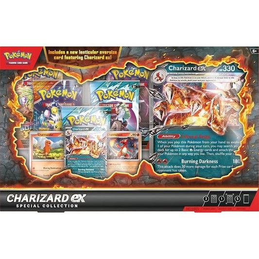 Charizard ex Brings the Darkness! Charizard ex burns up the opposition's lead with the cunning firepower of a Darkness-type Pokemon! Evolve it from Charmander and Charmeleon, then use its strong Ability and attack to make a roaring comeback. This fiery set also comes with 5 Pokemon TCG booster packs and an oversize lenticular card featuring the Flame Pokemon itself- move the card back and forth to see Charizard ex go on the attack! The Pokemon TCG: Charizard ex Special Collection includes: 1 etched foil pro