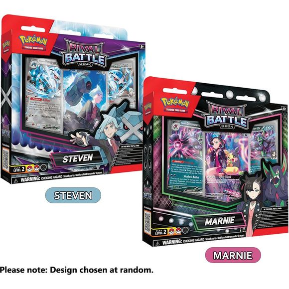 Rival Battle Deck - Marnie OR Steven

1 60 card deck 
1 Damage counter
1 Metallic Coin
1 Deck Box
1 Double Sided playmat
1 Code Card