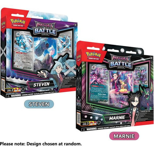 Rival Battle Deck - Marnie OR Steven

1 60 card deck 
1 Damage counter
1 Metallic Coin
1 Deck Box
1 Double Sided playmat
1 Code Card