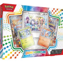 From the Brave Olivine to Your Collection! If you’ve got a Pokémon by your side, everything will be fine! Liko and Roy have come a long way with their Pokémon partners as they join Terapagos in the search for the legendary paradise of Laqua. Now you can team up with both Sprigatito and Fuecoco as playable foil promo cards, joined by an oversize promo card of Terapagos & Friends for display. Each promo card features artwork inspired by Pokémon Horizons: The Series. To round out this adventurous collection, y