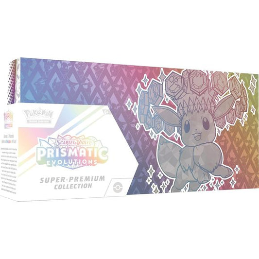 LIMIT 2 PER HOUSEHOLD/CUSTOMER
The Pokémon TCG: Scarlet & Violet—Prismatic Evolutions Super-Premium Collection includes 1 full-art foil promo card featuring Eevee ex, a fuzzy Eevee deck box, and a playmat featuring Eevee and its Evolutions.
This also comes with 65 card sleeves featuring Eevee and its Evolutions and 15 Pokémon TCG: Scarlet & Violet—Prismatic Evolutions booster packs.
You will also get a code card for Pokémon TCG Live.