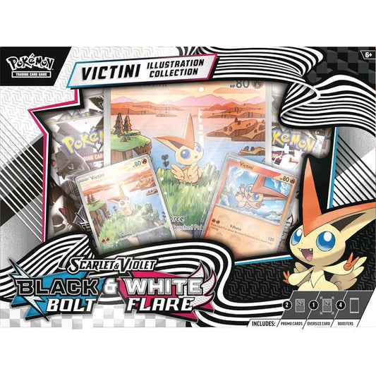The Pokémon TCG: Unova Victini Illustration Collection includes 1 full-art foil promo card featuring Victini and 1 premium parallel foil card featuring Victini.
This also comes with 1 oversize illustration rare-style foil promo card featuring Victini.
You will also receive 2 Pokémon TCG: Scarlet & Violet—Black Bolt booster packs and 2 Pokémon TCG: Scarlet & Violet—White Flare booster packs.
