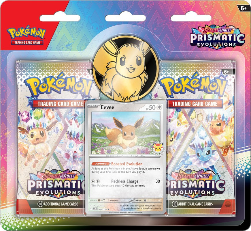 Give Your Collection a Boost! Expand your collection with a foil Pokemon TCG card featuring Eevee with a Pokemon Day 2025 logo! You also get a metallic coin, two booster packs from the special Pokemon TCG: Scarlet & Violet- Prismatic Evolutions expansion, and a code card for Pokemon TCG Live!