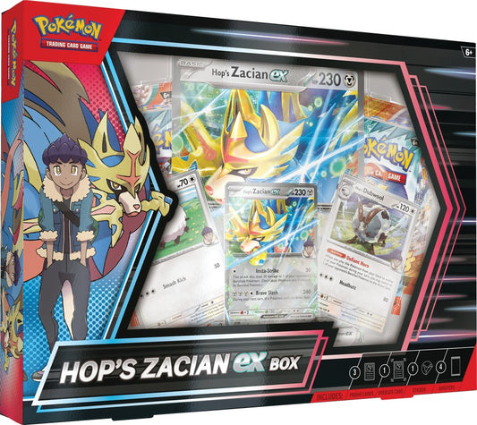 Two of Galar's Greatest Team Up! Hop and Zacian have joined forces to form a dynamic duo that's truly rival worthy! Hop's Zacian ex attacks your opponent's Active Pokemon plus one on the Bench with Insta-Strike, while Brave Slash closes in for huge damage! With Hop's Zacian on your side, your battles are sure to be awesome even on the darkest of days. But Hop's team has even more to offer- Hop's Wooloo and Hop's Dubwool to really round out the set. If that's not enough, you'll find additional Pokemon in the