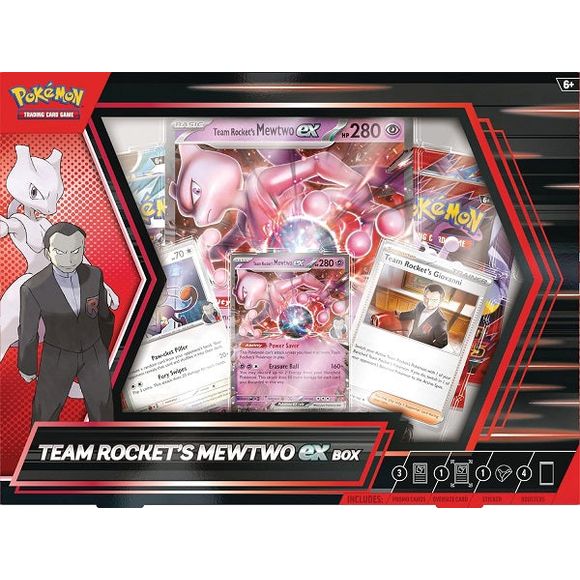 Giovanni & Mewtwo Join Forces to Fight! In pursuit of ultimate power and world domination, Giovanni and Team Rocket are unleashing one terrifyingly strong Pokemon in battle! When Team Rocket's Mewtwo ex has backup from other Team Rocket's Pokemon, its Erasure Ball attack can do up to 280 damage in one massive blow. In this box, you'll find this powerful Pokemon ex as a foil promo card, along with Team Rocket's Meowth and Team Rocket's Giovanni, plus a photo sticker and handful of booster packs. The Pokemon