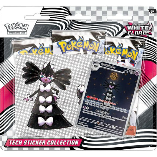Sync Up Your Style with Gothitelle! Gothitelle can see the future in the stars- perhaps it knows which path you'll take! Team up with the Astral Body Pokemon as a foil promo card, then decorate your computer, tablet, or phone with durable tech stickers featuring the full Evolution chain: Gothita, Gothorita, and Gothitelle! Then, find more Pokemon first discovered in the Unova region when you open three booster packs from the special Scarlet & Violet White Flare expansion! The Pokemon TCG: Scarlet & Violet W