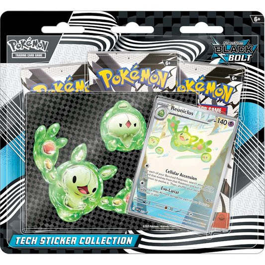 Evolve Your Style with Reuniclus! Would you shake hands with the Multiplying Pokemon? Team up with Reuniclus as a foil promo card that can evolve your entire Bench at once, then decorate your computer, tablet, or phone with durable tech stickers featuring the full Evolution chain: Solosis, Duosion, and Reuniclus! Then, find more Pokemon first discovered in the Unova region when you open three booster packs from the special Scarlet & Violet Black Bolt expansion! The Pokemon TCG: Scarlet & Violet Black Bolt T