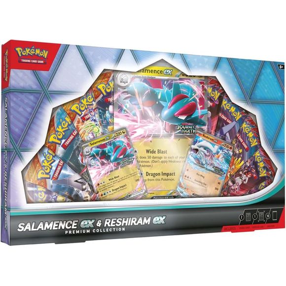 The Pokemon TCG: Salamence ex & Reshiram ex Premium Collection includes: - 1 foil promo card featuring Salamence ex - 1 foil promo card featuring Reshiram ex - 1 oversize foil card featuring Salamence ex - 10 Pokemon TCG booster packs