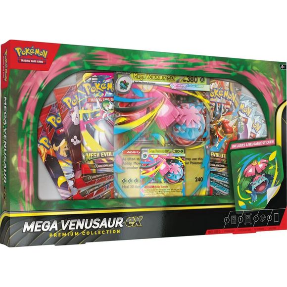 Solar-Powered Smackdowns with Mega Venusaur ex! Keep your Pokemon at full power with help from Mega Venusaur ex! Its Solar Transfer Ability lets you move Grass Energy among your Pokemon as you please, ensuring you're always ready to attack. In this collection, you get a playable foil promo card and an oversize lenticular promo card featuring Mega Venusaur ex, along with a tech sticker for decorating devices, binders, and notebooks. You'll find even more Pokemon inside a stack of Pokemon TCG booster packs. T