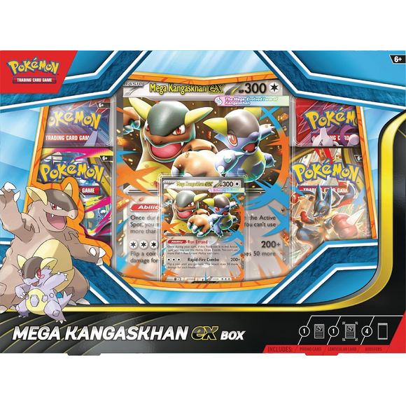 Unleash a Rapid-Fire Combo with Mega Kangaskhan ex! Mega Evolution makes Kangaskhan's child a force to be reckoned with- and both of them combine their powers as Mega Kangaskhan ex! Draw extra cards with Run Errand, then use Rapid-Fire Combo and flip coins to seek bigger damage. Team up with Mega Kangaskhan ex as a playable foil promo card and an oversize lenticular version for display, then open four booster packs to find even more cool cards! The Pokemon TCG: Mega Kangaskhan ex Box includes: 1 foil promo