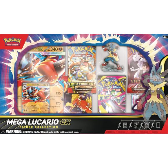 Harness the Power of Aura with Mega Lucario ex! Showing no mercy, Mega Lucario ex pummels opponents while sharing discarded Energy with your Benched Pokémon! 

The Pokémon TCG: Mega Lucario ex Figure Collection includes 1 etched foil promo card featuring Mega Lucario ex and 1 oversize promo card featuring Mega Lucario ex.
This also comes with 1 figure featuring Mega Lucario and 5 Pokémon TCG booster packs.