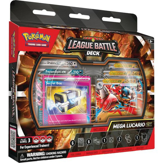 A Burst of Bravery with Mega Lucario ex! In this box, you'll find: 1 ready-to-play 60-card deck, 6 damage-counter dice, 1 coin-flip die, 2 coin condition markers, 1 deck box, 1 strategy sheet, and 1 code card to play this deck online