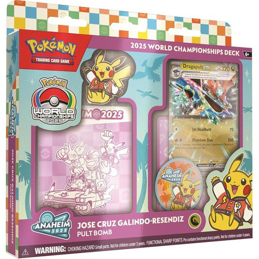 PLAY LIKE A CHAMPION! Grab a World Championships deck and play like a champion! Choose one of four powerful decks, each a card-for-card replica of an actual title-contender's deck from the 2025 Pokemon Trading Card Game World Championships in Anaheim, California! Each 2025 Pokemon TCG World Championships Deck includes: 60-card World Championships Deck, 2025 World Championships booklet, 2025 World Championships pin, 2025 World Championships coin, 2025 World Championships deck box, A playmat and poster, and A