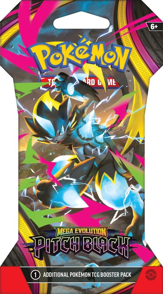Release Date  07/17/2026
Each sealed Pitch Black Sleeved Booster Pack contains 10 random cards. Delve into Darkness Beyond Limits! Twinkling city lights and a starry sky become obscured in darkness as Mega Darkrai ex arrives with mystery and malice! But Mega Zeraora ex fights back with thunderous strikes of lightning, leading the way for Mega Chandelure ex, Mega Excadrill ex, and more to join the fray. Shadows deepen and nightmares become reality in the Pokemon TCG: Mega Evolution- Pitch Black expansion! Ov